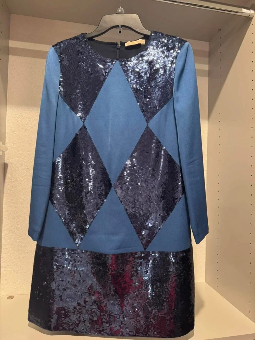 Tory Burch Blue Sequin Diamond Shift Dress Size 6 Long Sleeve Cocktail Party